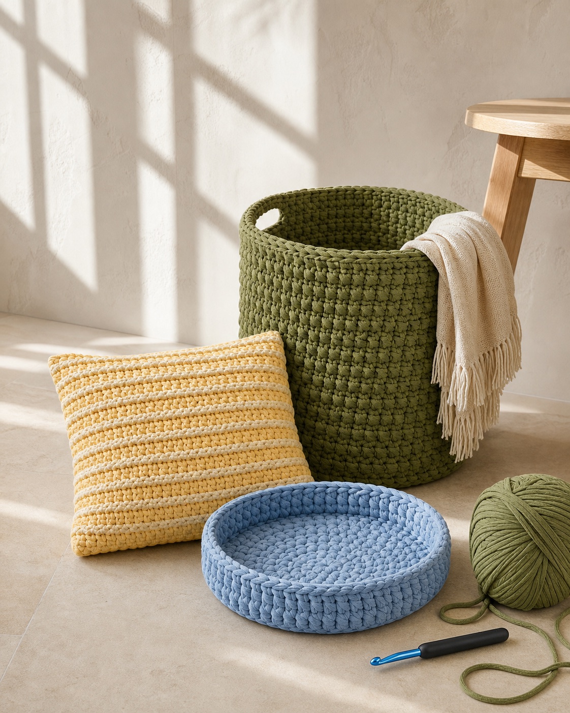 Moss green basket, butter yellow cushion and sky blue tray crocheted with thick ribbon yarn